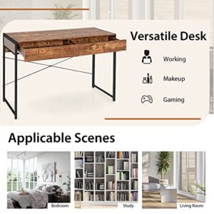 Tangkula Industrial Computer Desk with 2 Drawers, Simple Study Writing Desk with Drawers, 44 Inches Laptop PC Workstation, Student Desk Home Office Desk Ideal for Bedroom & Office (Rustic Brown)