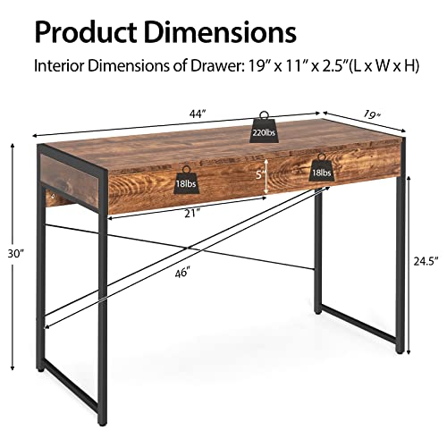 Tangkula Industrial Computer Desk with 2 Drawers, Simple Study Writing Desk with Drawers, 44 Inches Laptop PC Workstation, Student Desk Home Office Desk Ideal for Bedroom & Office (Rustic Brown)