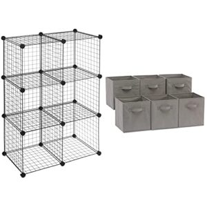amazon basics 6-cube wire grid storage shelves, 14" x 14" stackable cubes, black & amazon basics collapsible fabric storage cubes organizer with handles, gray - pack of 6