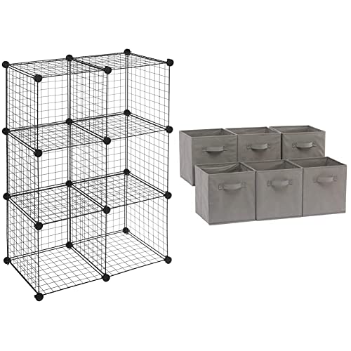 Amazon Basics 6-Cube Wire Grid Storage Shelves, 14" x 14" Stackable Cubes, Black & Amazon Basics Collapsible Fabric Storage Cubes Organizer with Handles, Gray - Pack of 6