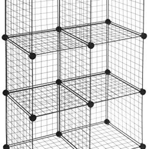 Amazon Basics 6-Cube Wire Grid Storage Shelves, 14" x 14" Stackable Cubes, Black & Amazon Basics Collapsible Fabric Storage Cubes Organizer with Handles, Gray - Pack of 6