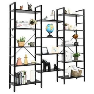 tangkula triple wide 5-tier bookcase, large open bookshelf, display & storage shelf, vintage industrial style shelves with metal frame, bookcase furniture for living room, study, office (black)