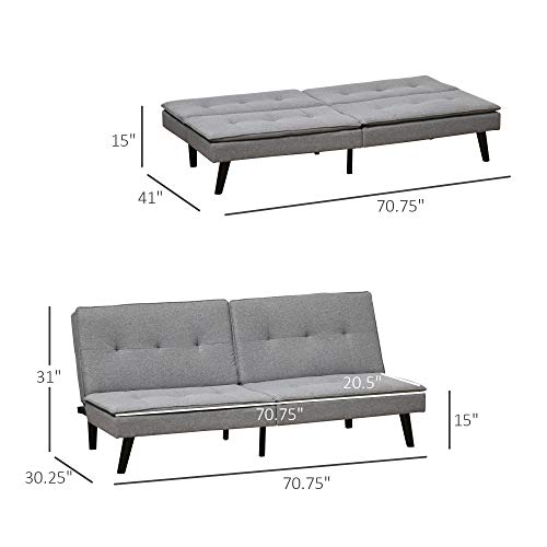 HOMCOM Convertible Lounge Futon Sofa Bed/3 Seater Tufted Fabric Upholstered Sleeper with Adjustable Backrest, Grey