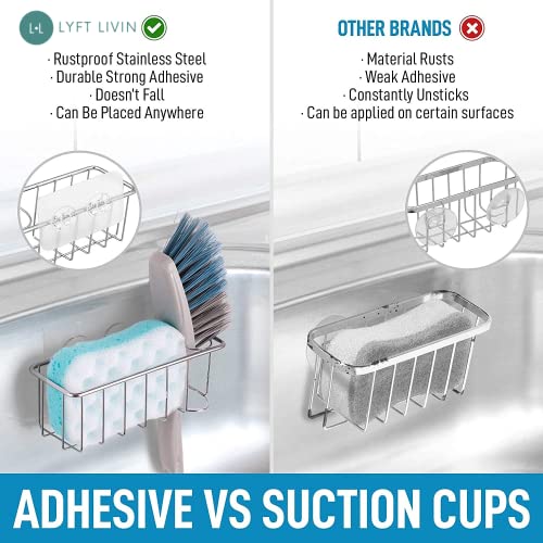 Adhesive Kitchen Sink Caddy, Sponge Holder Sink Organizer With Suction Tape Stainless Steel Rustproof Sponge Holder For Kitchen Sink Dish Scrub Holder Organizer Sponge Caddy Holder – Silver