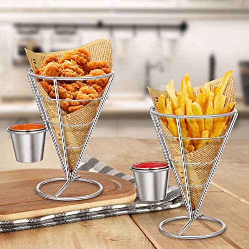 Hemoton 2pcs French Fries Stand Cone Basket Fry Holder with 2 Dip Dishes Cone Snack Fried Chicken Display for Home Parties/Backyard/Appetizers