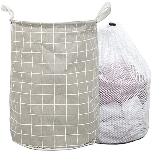 17-Inches Collapsible Laundry Baskets - Clothes Hampers for Laundry - Cotton Linen Laundry Bin w/ Waterproof Lining and Drawstring, Medium