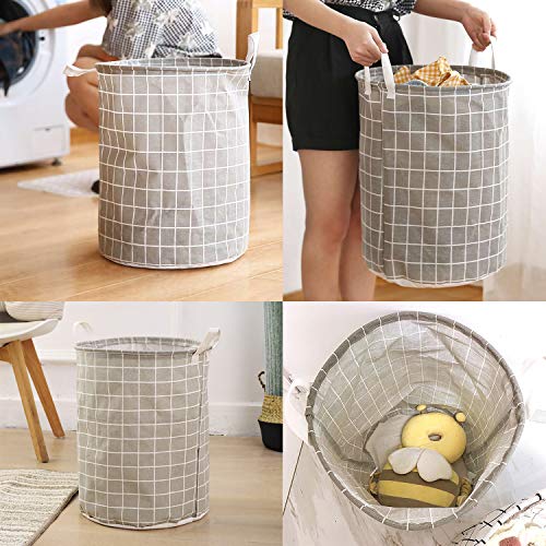 17-Inches Collapsible Laundry Baskets - Clothes Hampers for Laundry - Cotton Linen Laundry Bin w/ Waterproof Lining and Drawstring, Medium