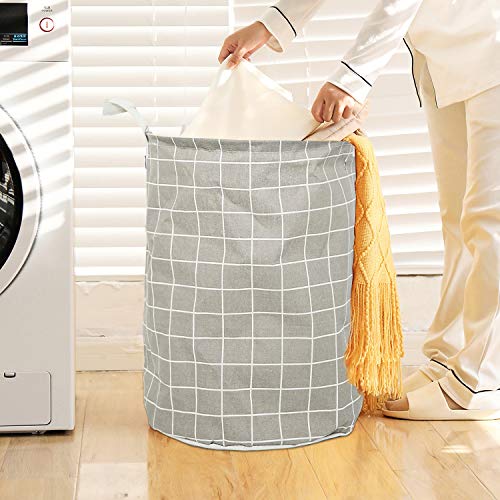 17-Inches Collapsible Laundry Baskets - Clothes Hampers for Laundry - Cotton Linen Laundry Bin w/ Waterproof Lining and Drawstring, Medium