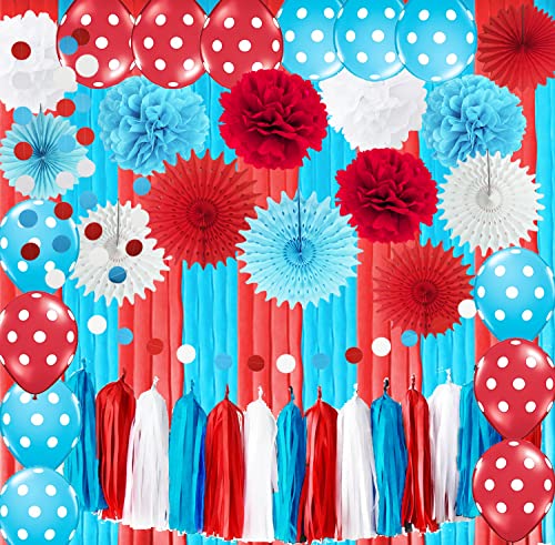 Dr Seuss Birthday Party Decorations/Dr Seuss Baby Shower Decorations/Thing One and Thing Two Birthday Decorations Dr. Suess Cat in The Hat Theme Party /Turquoise White Red Polka Dot Balloons