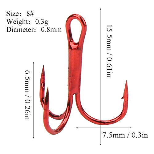 VGEBY Fishing Hooks Treble Hooks Kit 100pcs Red High Carbon Steel Strong Sharp Round Bend Fishhook Fishing Accessories(8#) Fish Hook Supplies