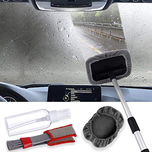 Fochutech Car Window Cleaner, Windshield Cleaner with Microfiber Cloth, Telescopic Car Window Windshield Cleaning Tool, Auto Glass Cleaner Wash Brush, Interior Exterior Car Cleaning Kit (Black)