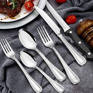 LIANYU 24-Piece Silverware Set with Steak Knives for 4, Stainless Steel Flatware Cutlery Set for Kitchen Restaurant Hotel, Fancy Eating Utensils Tableware with Beaded Edge, Dishwasher Safe