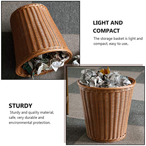 Wakauto Trashcan Paper Wastebasket Rattan Woven Storage Baskets Decorative Farmhouse Open Trash Can Rubbish Bin Container Laundry Organizer Basket for Bedroom Desktop Light Brown Rattan Basket