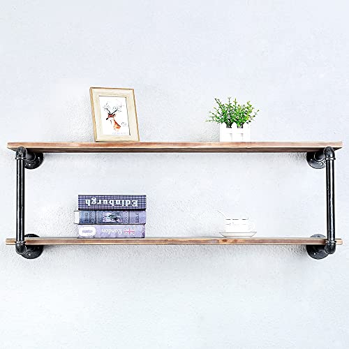 Floating Shelves for Wall Industrial Pipe Shelving,Rustic Pipe Shelves with Wood Iron Pipe Shelf,Metal Floating Shelf Wall Mounted Bookshelf Unit,Bar Wall Shelves Hanging Book Shelves(2 Tier,42in)