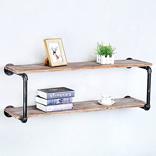 Floating Shelves for Wall Industrial Pipe Shelving,Rustic Pipe Shelves with Wood Iron Pipe Shelf,Metal Floating Shelf Wall Mounted Bookshelf Unit,Bar Wall Shelves Hanging Book Shelves(2 Tier,42in)