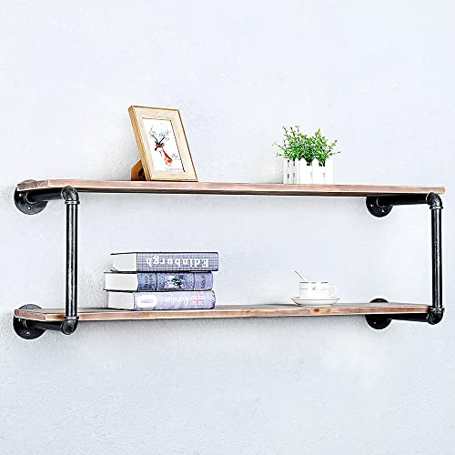 Floating Shelves for Wall Industrial Pipe Shelving,Rustic Pipe Shelves with Wood Iron Pipe Shelf,Metal Floating Shelf Wall Mounted Bookshelf Unit,Bar Wall Shelves Hanging Book Shelves(2 Tier,42in)