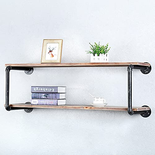 Floating Shelves for Wall Industrial Pipe Shelving,Rustic Pipe Shelves with Wood Iron Pipe Shelf,Metal Floating Shelf Wall Mounted Bookshelf Unit,Bar Wall Shelves Hanging Book Shelves(2 Tier,42in)