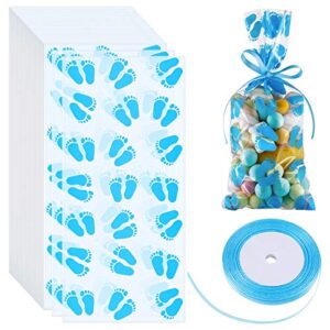 100 pieces baby print cellophane treat bags baby footprint candy bags baby shower party favor bags with ribbons for baby shower birthday party supplies (blue)