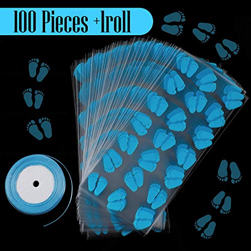 100 Pieces Baby Print Cellophane Treat Bags Baby Footprint Candy Bags Baby Shower Party Favor Bags with Ribbons for Baby Shower Birthday Party Supplies (Blue)