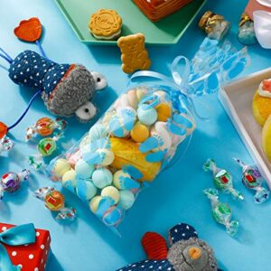 100 Pieces Baby Print Cellophane Treat Bags Baby Footprint Candy Bags Baby Shower Party Favor Bags with Ribbons for Baby Shower Birthday Party Supplies (Blue)