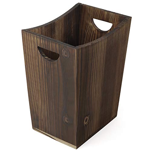 BTY Trash Can Wastebasket Torched Wood Waste Basket Bin, Rustic Garbage Container Bin for Kitchen, Bedroom, Office, Living Room Brown