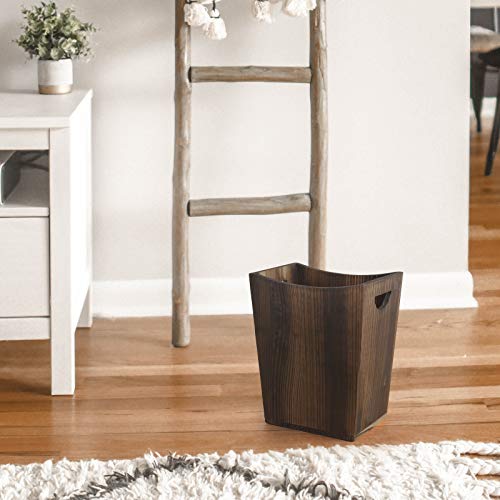 BTY Trash Can Wastebasket Torched Wood Waste Basket Bin, Rustic Garbage Container Bin for Kitchen, Bedroom, Office, Living Room Brown