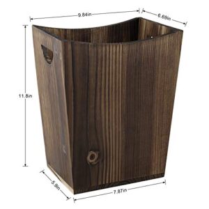 BTY Trash Can Wastebasket Torched Wood Waste Basket Bin, Rustic Garbage Container Bin for Kitchen, Bedroom, Office, Living Room Brown