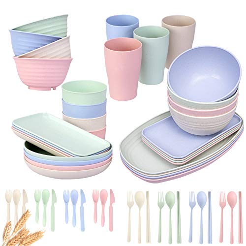 Eco Friendly，Wheat Straw Dinnerware Sets(60pcs)， Multicolor，Lightweight，Degradable ，Durable Dinner Plates Set:Bowls，Cups， Plates Set，Salad Bowls——Microwave and Dishwasher Safe