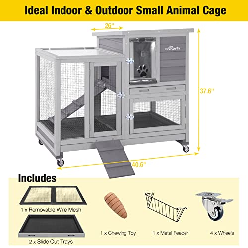 Rabbit Hutch Indoor Rabbit Cage, Large Bunny Hutch Outdoor with Wheels-Removable Wire Netting Include