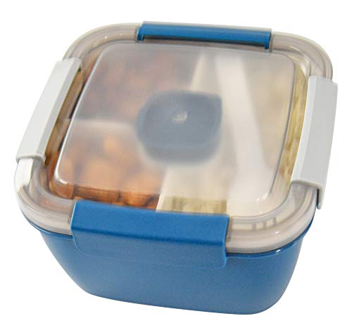 Home-X Section Lunch Box, Lunch Containers for Kids and Adults, Multi-Compartment Food Box, Salad Dressing Container, Spork, 6 ¾" L x 6 ¾" W x 4 ¾" H, Blue