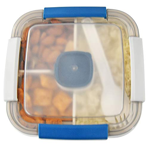 Home-X Section Lunch Box, Lunch Containers for Kids and Adults, Multi-Compartment Food Box, Salad Dressing Container, Spork, 6 ¾" L x 6 ¾" W x 4 ¾" H, Blue