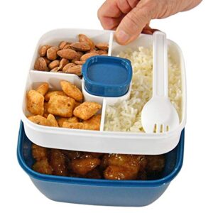 Home-X Section Lunch Box, Lunch Containers for Kids and Adults, Multi-Compartment Food Box, Salad Dressing Container, Spork, 6 ¾" L x 6 ¾" W x 4 ¾" H, Blue