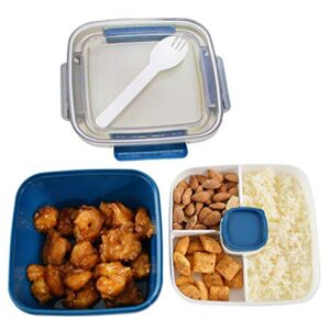 Home-X Section Lunch Box, Lunch Containers for Kids and Adults, Multi-Compartment Food Box, Salad Dressing Container, Spork, 6 ¾" L x 6 ¾" W x 4 ¾" H, Blue