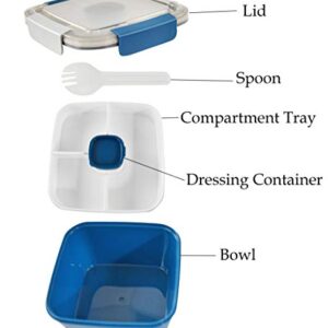 Home-X Section Lunch Box, Lunch Containers for Kids and Adults, Multi-Compartment Food Box, Salad Dressing Container, Spork, 6 ¾" L x 6 ¾" W x 4 ¾" H, Blue