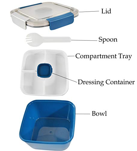 Home-X Section Lunch Box, Lunch Containers for Kids and Adults, Multi-Compartment Food Box, Salad Dressing Container, Spork, 6 ¾" L x 6 ¾" W x 4 ¾" H, Blue