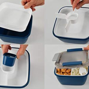 Home-X Section Lunch Box, Lunch Containers for Kids and Adults, Multi-Compartment Food Box, Salad Dressing Container, Spork, 6 ¾" L x 6 ¾" W x 4 ¾" H, Blue