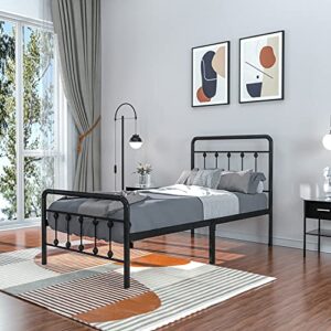 noillats metal bed frame twin size with vintage headboard and footboard, solid sturdy steel slat support mattress foundation, no box spring needed, steel grey
