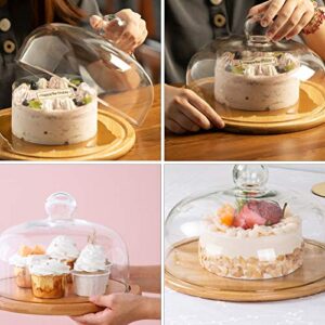 HEMOTON Cake Serving Plate with Dome Wood Dessert Stand Tray Pastry Cheese Display Glass Dome Cloche Plate Centerpiece for Cream Cake Desert Salad 21CM