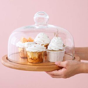 HEMOTON Cake Serving Plate with Dome Wood Dessert Stand Tray Pastry Cheese Display Glass Dome Cloche Plate Centerpiece for Cream Cake Desert Salad 21CM