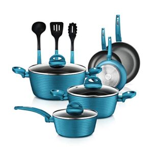 nutrichef kitchenware pots&pans stylish cookware, non-stick coating inside&outside+heat resistant lacquer, light gray inside and green outside(12-piece set), one size, teal