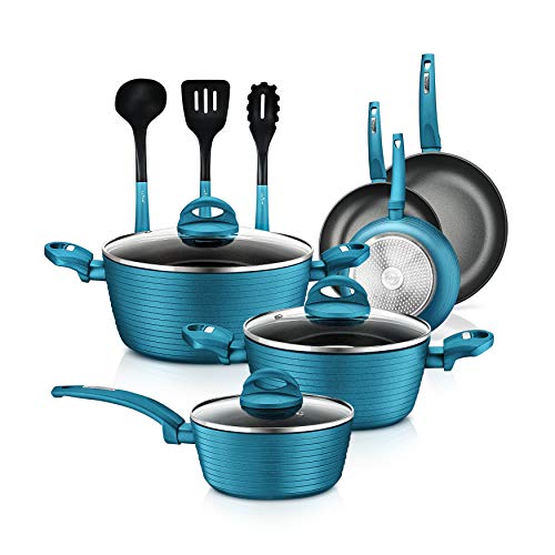 NutriChef Kitchenware Pots&Pans Stylish Cookware, Non-Stick Coating Inside&Outside+Heat Resistant Lacquer, Light Gray Inside and Green Outside(12-Piece Set), One Size, Teal