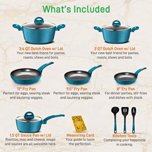 NutriChef Kitchenware Pots&Pans Stylish Cookware, Non-Stick Coating Inside&Outside+Heat Resistant Lacquer, Light Gray Inside and Green Outside(12-Piece Set), One Size, Teal