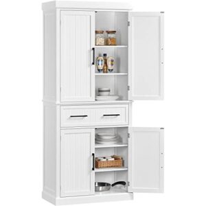 yaheetech kitchen pantry storage cabinet with doors and adjustable shelves, freestanding pantry cabinets with drawer, modern farmhouse pantry cupboard for kitchen, dinning room, living room, white