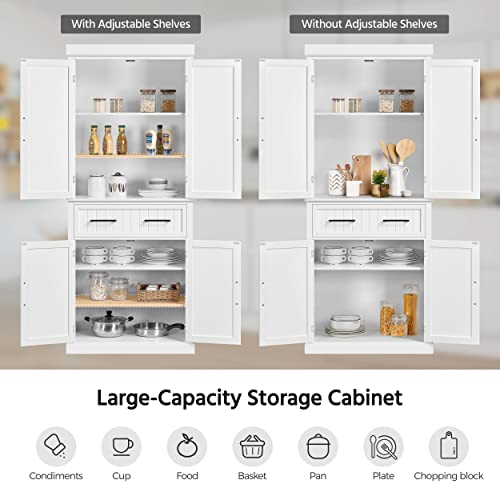 Yaheetech Kitchen Pantry Storage Cabinet with Doors and Adjustable Shelves, Freestanding Pantry Cabinets with Drawer, Modern Farmhouse Pantry Cupboard for Kitchen, Dinning Room, Living Room, White