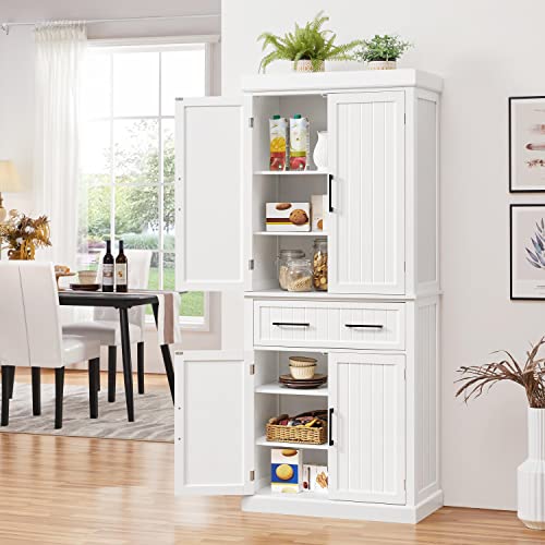 Yaheetech Kitchen Pantry Storage Cabinet with Doors and Adjustable Shelves, Freestanding Pantry Cabinets with Drawer, Modern Farmhouse Pantry Cupboard for Kitchen, Dinning Room, Living Room, White