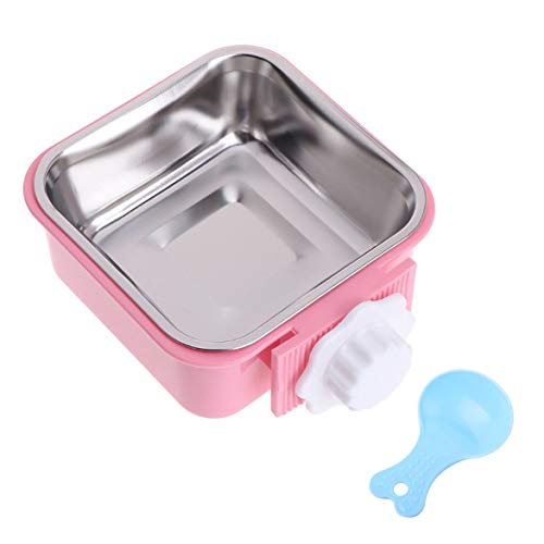 Crate Dog Bowl, Removable Stainless Steel Water Food Feeder Bowls Hanging Pet Cage Bowl Cage Coop Cup for Dogs Cats Puppy Rabbits Bird and Small Pets (Large (Pack of 1), Square Pink)