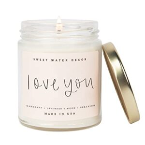 sweet water decor, love you candle | mahogany teakwood scented soy wax candle for home | valentine's day gifts | 9oz clear jar, 40 hour burn time