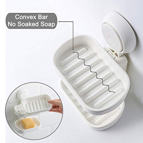 Elebac Double Layer Soap Dished Holder Suction Cup, Soap Bar Holder with Drainage Design for Soap Saver, Wall Mounted Soap Tray for Bathroom Shower, Reusable, Removable, Waterproof, Plastic, White