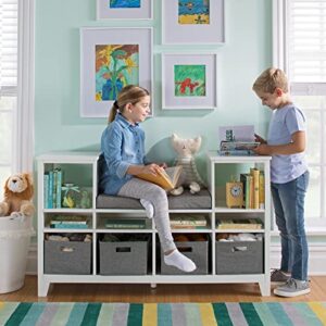 martha stewart living and learning kids' reading nook - creamy white: wooden storage bench bookshelf organizer with seat cushion, and fabric bins for toys, books, art - bedroom or playroom cubby