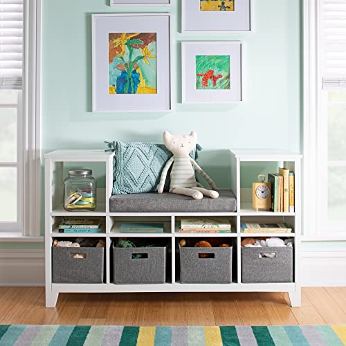 MARTHA STEWART Living and Learning Kids' Reading Nook - Creamy White: Wooden Storage Bench Bookshelf Organizer with Seat Cushion, and Fabric Bins for Toys, Books, Art - Bedroom or Playroom Cubby